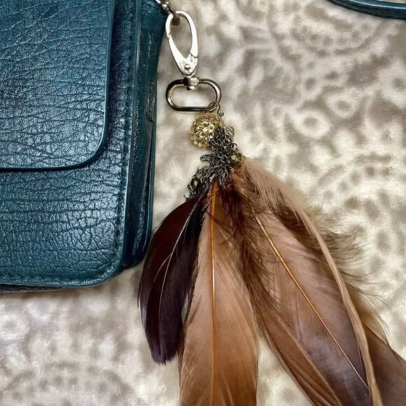 Boho Faux Leather Crossbody Clutch Purse w Feather Charm Adj Strap 6x8.5 - Picture 3 of 13